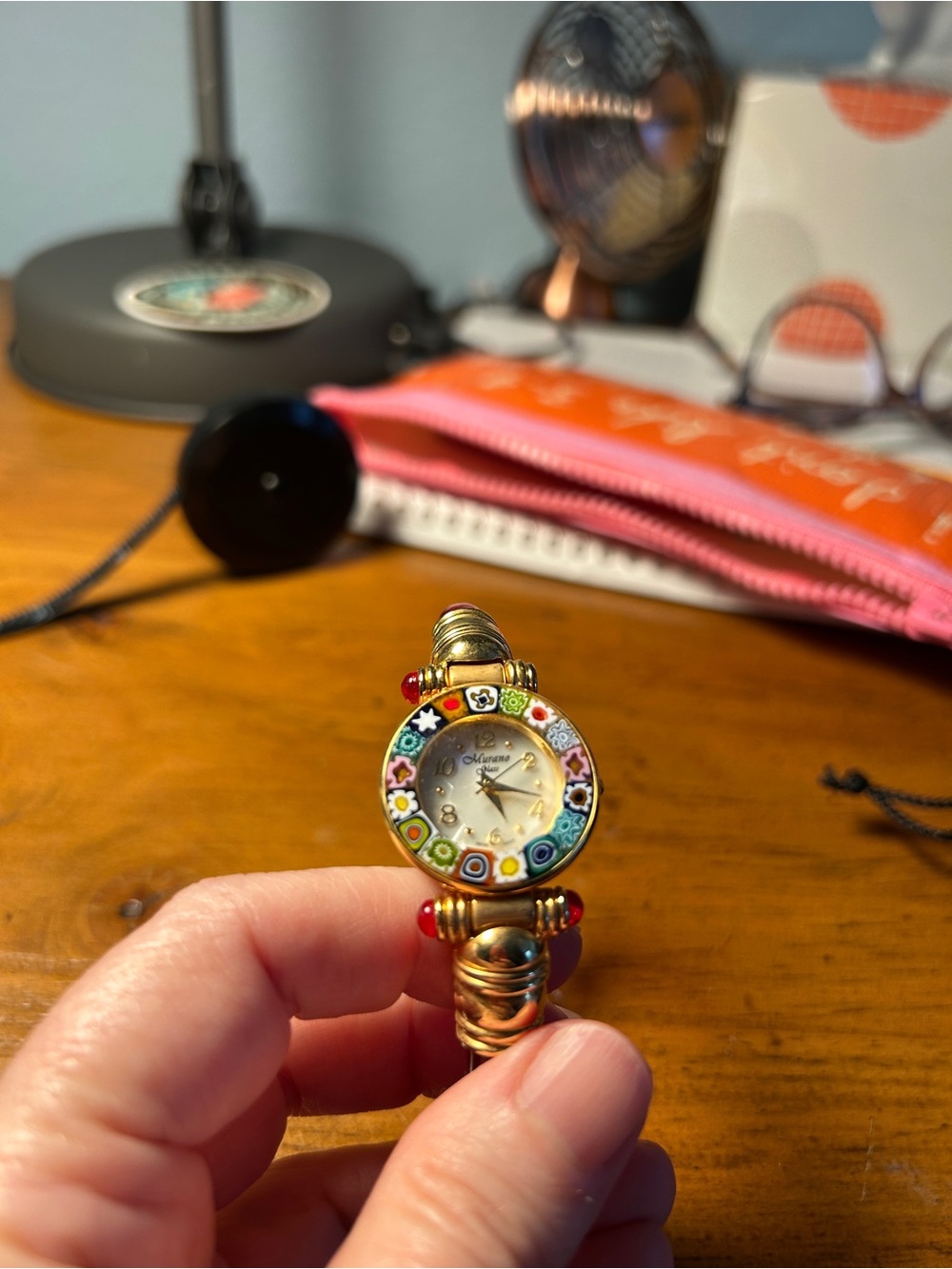 Murano Venice Millefiori Bead Gold Clear Red Bracelet Watch needs battery